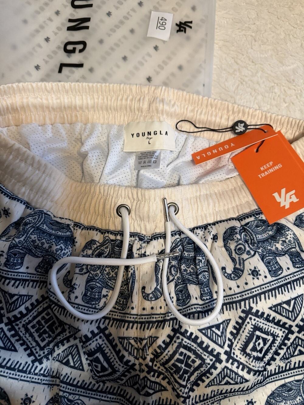 YoungLA Men's Board Shorts L Blue/White Elephant Geometric Drawstring
